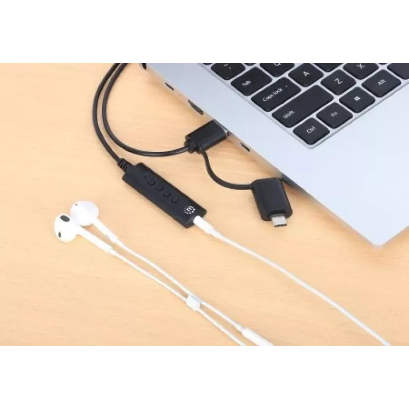 Manhattan adapter kablowya audio stereo USB-C i USB-A na 3,5 mm, 2 w 1, męski na żeński, kabel 1 m, obsługa mikrofonu i dźwięku zestawu słuchawkowego, standard CTIA, regulacja głośności i wyciszanie, czarny