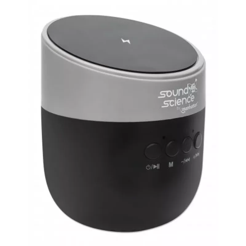 Manhattan Metaliczny Głośnik Bluetooth z Bezprzewodową Ładowarką, Przyzwoita Moc Wyjściowa (3W), Czas Odtwarzania 3 godziny, Bezprzewodowa Ładowarka 5W, Zintegrowane Sterowanie, Zasięg 10 m, Czytnik kart microSD, Kabel ładujący USB-A w zestawie, Bluetooth 5.0, 3 Lata Gwarancji