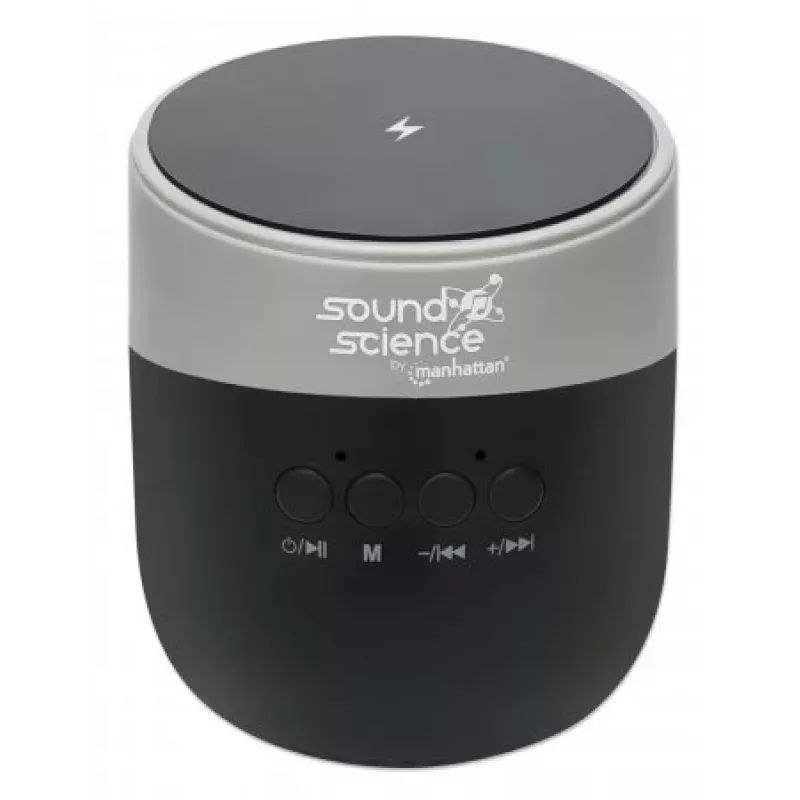 Manhattan Metaliczny Głośnik Bluetooth z Bezprzewodową Ładowarką, Przyzwoita Moc Wyjściowa (3W), Czas Odtwarzania 3 godziny, Bezprzewodowa Ładowarka 5W, Zintegrowane Sterowanie, Zasięg 10 m, Czytnik kart microSD, Kabel ładujący USB-A w zestawie, Bluetooth 5.0, 3 Lata Gwarancji