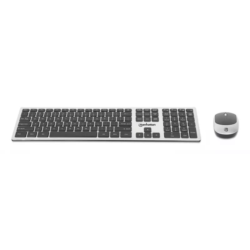 Manhattan Jeden pojedynczy nano odbiornik USB-A do obu, pełnowymiarowa klawiatura bezprzewodowa, symetryczna mysz optyczna z trzema przyciskami i kółkiem przewijania, 1200 dpi, srebrno-czarna