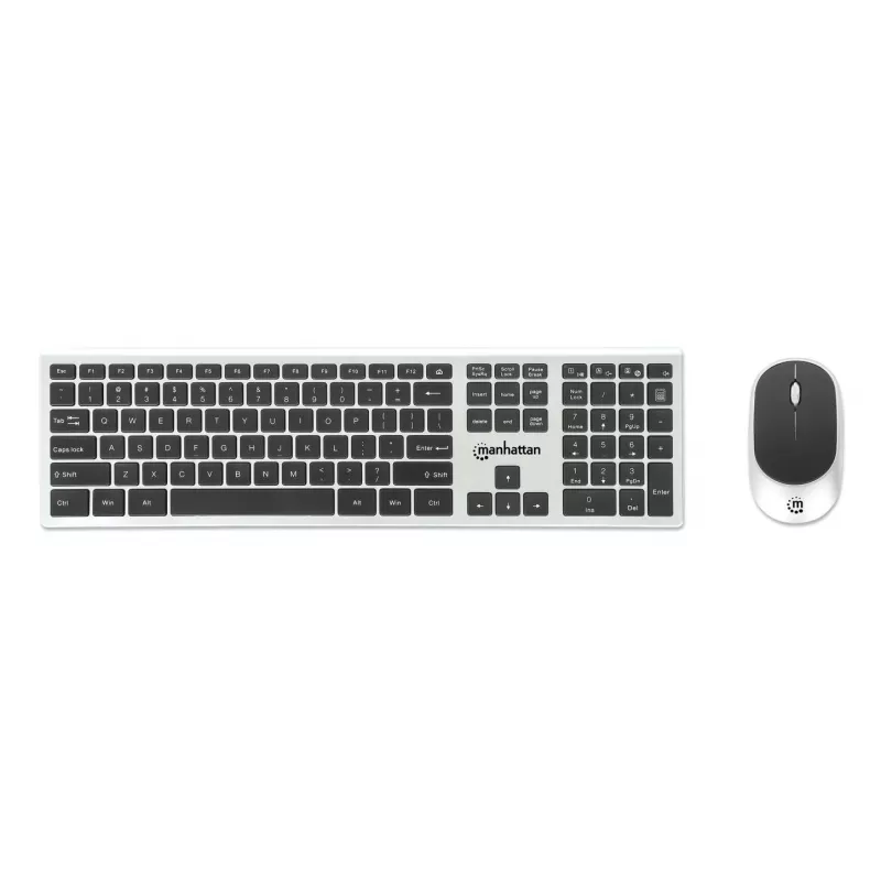 Manhattan Jeden pojedynczy nano odbiornik USB-A do obu, pełnowymiarowa klawiatura bezprzewodowa, symetryczna mysz optyczna z trzema przyciskami i kółkiem przewijania, 1200 dpi, srebrno-czarna