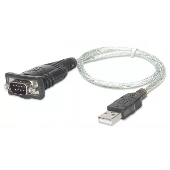Kabel konwertera Manhattan USB-A na szeregowy, 45 cm, męski na męski, szeregowy/RS232/COM/DB9, układ Prolific PL-2303RA, czarno-srebrny kabel, trzyletnia gwarancja, odpowiednik ICUSB232V2