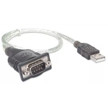 Kabel konwertera Manhattan USB-A na szeregowy, 45 cm, męski na męski, szeregowy/RS232/COM/DB9, układ Prolific PL-2303RA, czarno-srebrny kabel, trzyletnia gwarancja, odpowiednik ICUSB232V2
