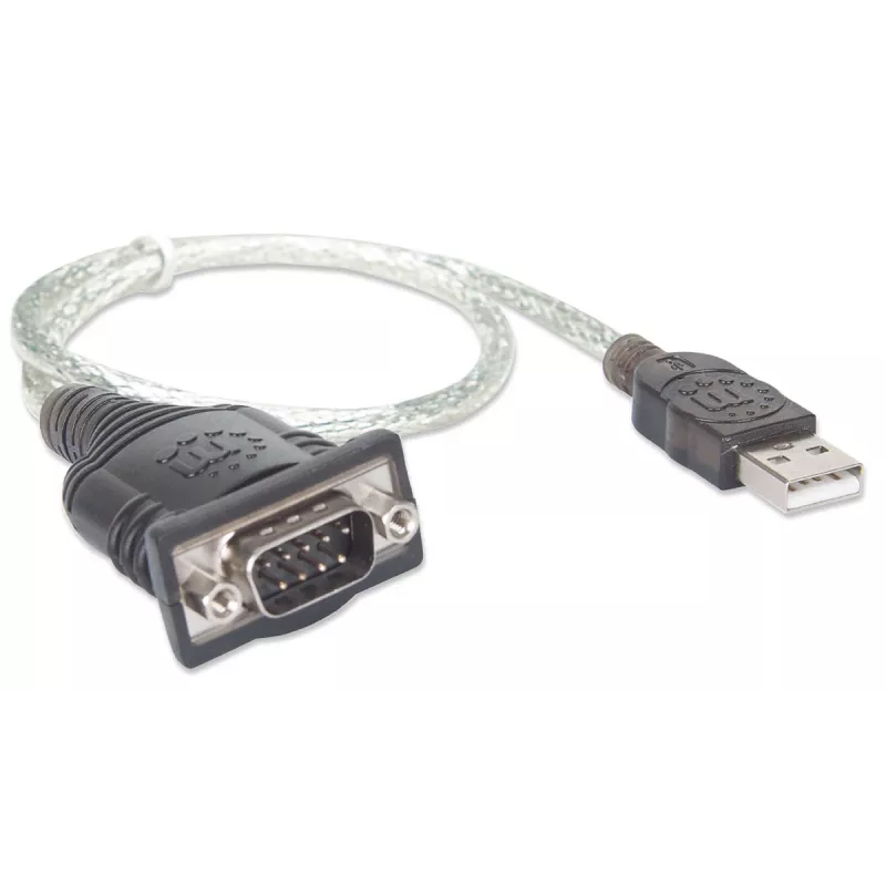 Kabel konwertera Manhattan USB-A na szeregowy, 45 cm, męski na męski, szeregowy/RS232/COM/DB9, układ Prolific PL-2303RA, czarno-srebrny kabel, trzyletnia gwarancja, odpowiednik ICUSB232V2