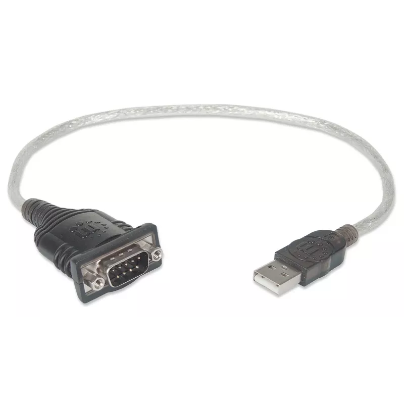 Kabel konwertera Manhattan USB-A na szeregowy, 45 cm, męski na męski, szeregowy/RS232/COM/DB9, układ Prolific PL-2303RA, czarno-srebrny kabel, trzyletnia gwarancja, odpowiednik ICUSB232V2