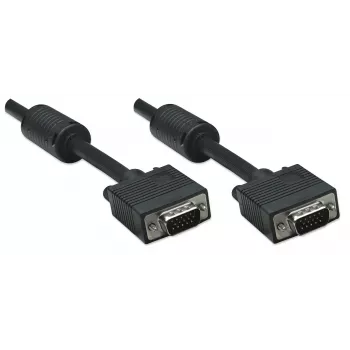 Kabel monitorowy Manhattan VGA (z rdzeniami ferrytowymi), 10 m, czarny, męski do męskiego, HD15, kabel o wyższej specyfikacji SVGA (w pełni kompatybilny), ekranowanie z rdzeniami ferrytowymi pomaga zminimalizować zakłócenia EMI w celu poprawy transmisji wideo, dożywotnia gwarancja