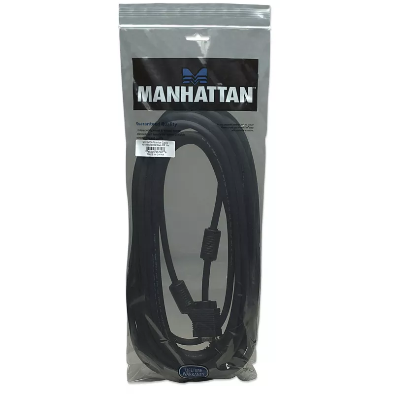 Kabel monitorowy Manhattan VGA (z rdzeniami ferrytowymi), 10 m, czarny, męski do męskiego, HD15, kabel o wyższej specyfikacji SVGA (w pełni kompatybilny), ekranowanie z rdzeniami ferrytowymi pomaga zminimalizować zakłócenia EMI w celu poprawy transmisji wideo, dożywotnia gwarancja