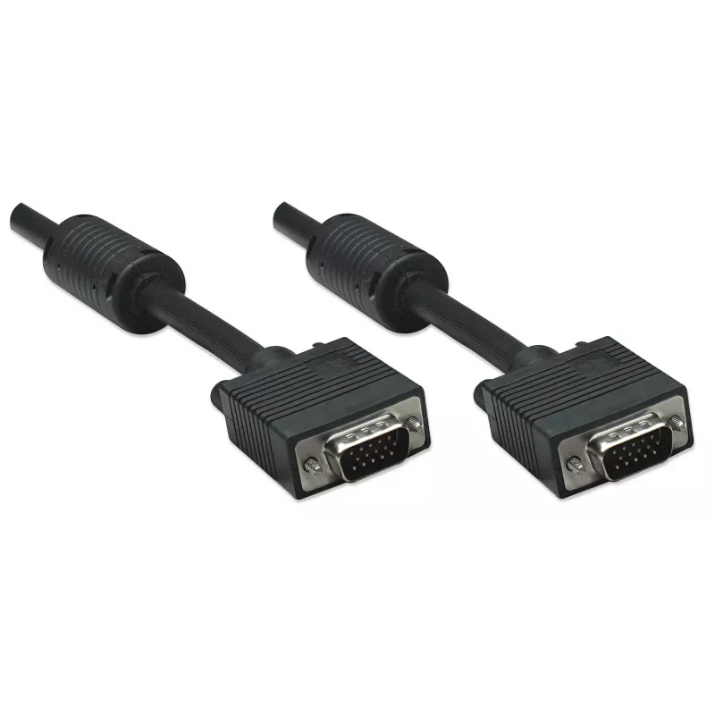 Kabel monitorowy Manhattan VGA (z rdzeniami ferrytowymi), 1,8 m, czarny, wtyk męski na wtyk męski, HD15, kabel o wyższej specyfikacji SVGA (w pełni kompatybilny), ekranowanie z rdzeniami ferrytowymi pomaga zminimalizować zakłócenia EMI w celu poprawy transmisji wideo, dożywotnia gwarancja