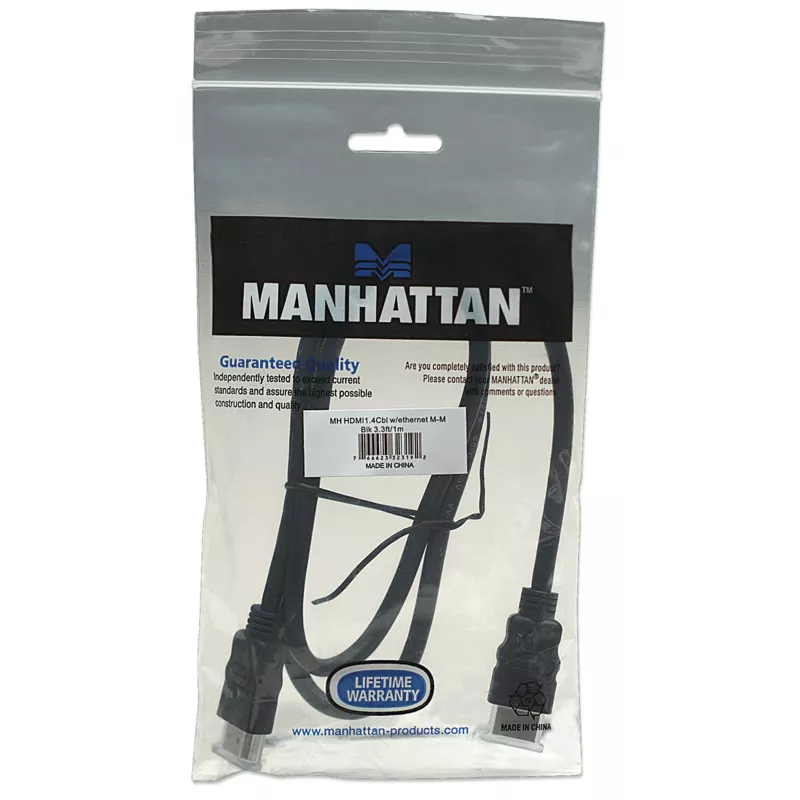 Manhattan HDMI 4K@30Hz Kabel z Ethernetem, 1m, Kompatybilny ze WSZYSTKIMI zastosowaniami 1080p/HD i większością 4K (sprawdź specyfikację 4K swojego systemu, aby mieć pewność), Męski na Męski, Czarny, Ultra HD 4k x 2k, Dożywotnia gwarancja, Wysoka prędkość, Odpowiednik HDMM1MHS