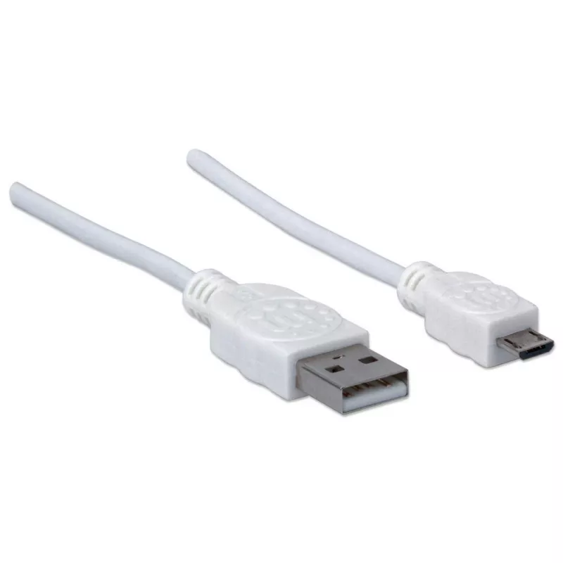 Manhattan USB-A do Micro-USB Kabel, 1,8m, Męski/Męski, 480 Mbps (USB 2.0), Hi-Speed USB, Biały, Dożywotnia Gwarancja