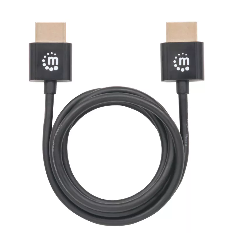 Kabel Manhattan HDMI z Ethernetem (ultracienki), 4K@60Hz (Premium High Speed), 1 m (3 stopy), męski na męski, czarny, Ultra HD 4K x 2K, w pełni ekranowany, pozłacane styki, dożywotnia gwarancja