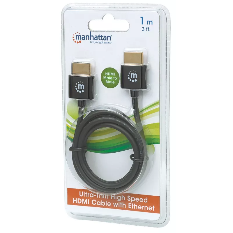 Kabel Manhattan HDMI z Ethernetem (ultracienki), 4K@60Hz (Premium High Speed), 1 m (3 stopy), męski na męski, czarny, Ultra HD 4K x 2K, w pełni ekranowany, pozłacane styki, dożywotnia gwarancja