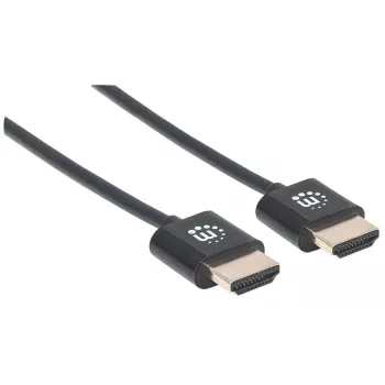 Przewód Manhattan HDMI z Ethernetem (ultracienki), obsługa 4K przy 60 Hz (Premium High Speed), długość 1,8 m, wtyk męski - wtyk męski, czarny, rozdzielczość Ultra HD 4K x 2K, w pełni ekranowany, pozłacane styki, dożywotnia gwarancja