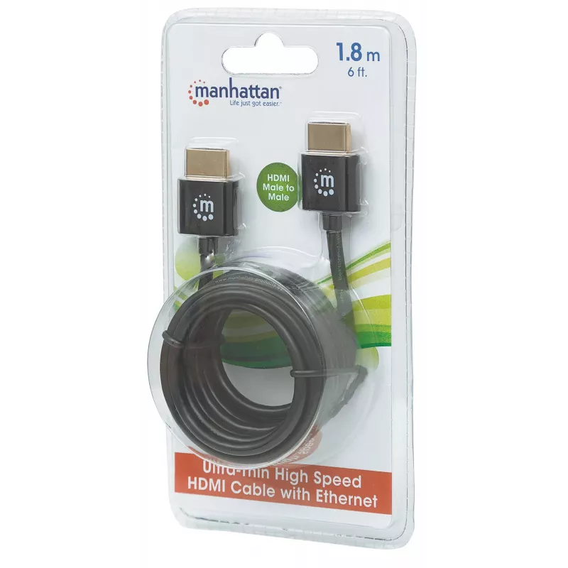 Przewód Manhattan HDMI z Ethernetem (ultracienki), obsługa 4K przy 60 Hz (Premium High Speed), długość 1,8 m, wtyk męski - wtyk męski, czarny, rozdzielczość Ultra HD 4K x 2K, w pełni ekranowany, pozłacane styki, dożywotnia gwarancja