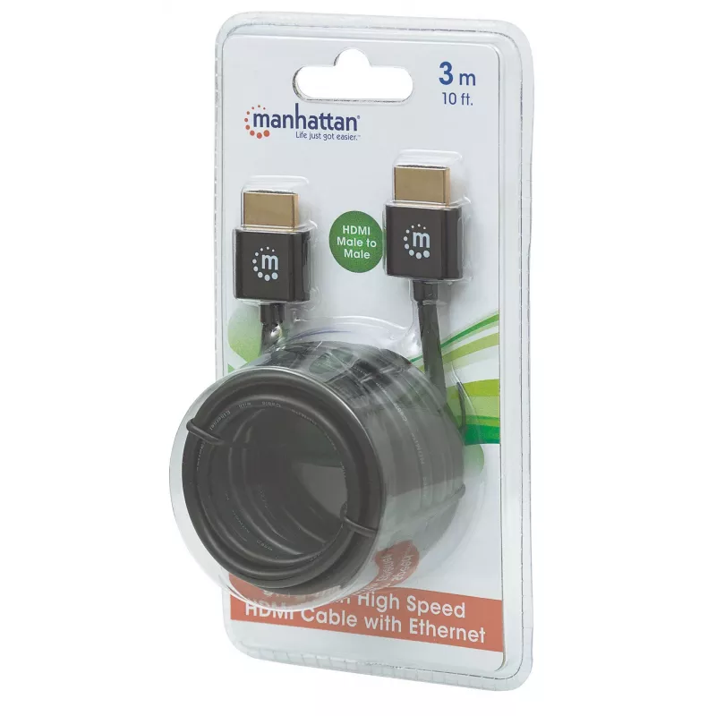 Kabel Manhattan HDMI z Ethernetem (ultracienki), 4K@60Hz (Premium High Speed), 3m, męski na męski, czarny, Ultra HD 4k x 2k, w pełni ekranowany, pozłacane styki, dożywotnia gwarancja