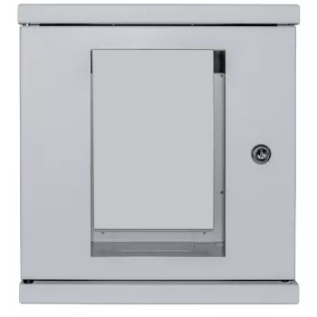 Intellinet 10-calowa szafka sieciowa – montaż na ścianie (standardowa), 6U, głębokość 300 mm, szara, złożona, maks. 60 kg, nadaje się również do użytku na biurku lub podłodze, użyteczna głębokość 265 mm, drzwi metalowe i szklane, panel tylny, zdejmowane boki, części do montażu na ścianie (np. śruby/kołki rozporowe) nie są dołączone