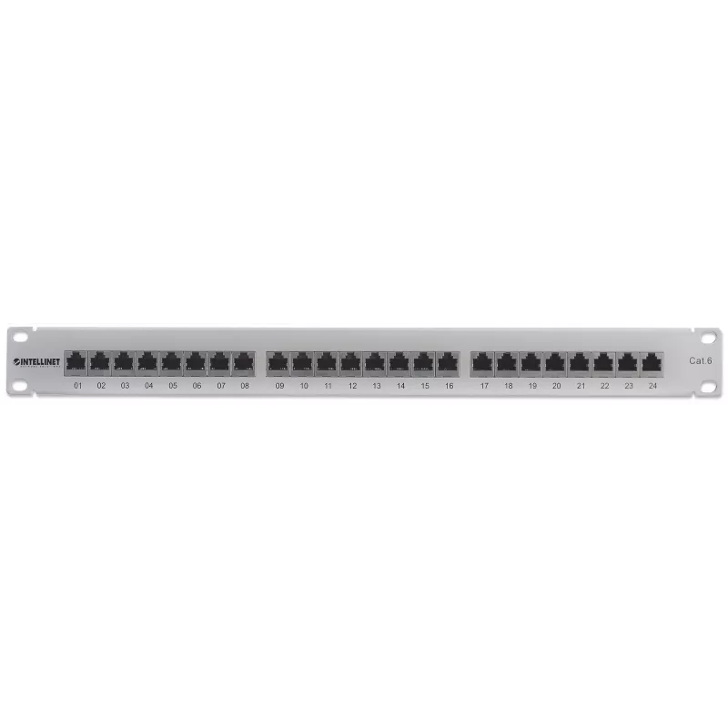 Intellinet Patch Panel, Cat6, FTP, 24-Port, 1U, Shielded, 90° Top-Entry Punch-Down Blocks, szary