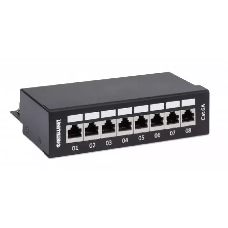 Intellinet Patch Panel, Cat6a, FTP, 8-portowy, biurkowy, ekranowany, bloki uderzeniowe 90° od góry, czarny