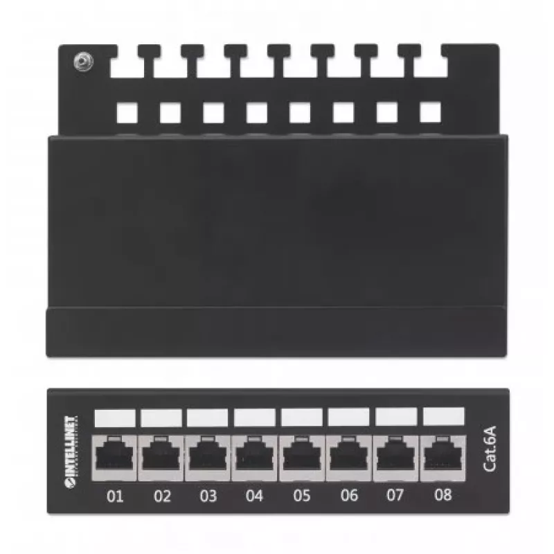 Intellinet Patch Panel, Cat6a, FTP, 8-portowy, biurkowy, ekranowany, bloki uderzeniowe 90° od góry, czarny
