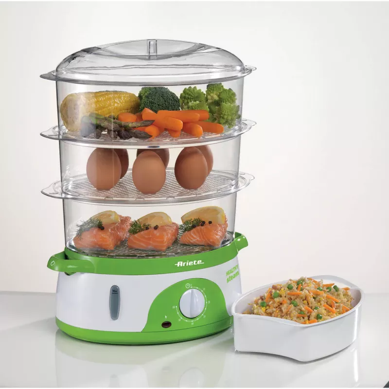 Ariete 911 Healthy Steam - Parowar elektryczny - 3 kosze - Pojemnik na ryż - Timer 60' - 800 Watt - 9 litrów - Biały i zielony