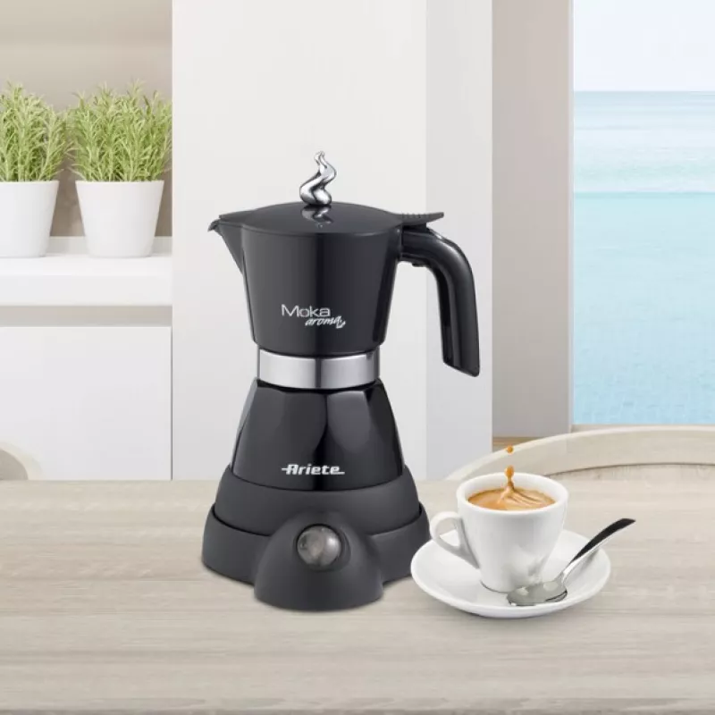 Ariete 1368 Moka Aroma, elektryczny ekspres do kawy Moka, 4/6 filiżanek, 480 W, automatyczne wyłączanie, utrzymuje temperaturę 30 stopni, czarny