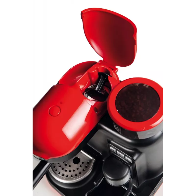 Ekspres do kawy Ariete 1318 Moderna ze zintegrowanym młynkiem, do ziaren i kawy mielonej, spieniacz mleka, dysza do cappuccino, 1 i 2 filiżanki, 1080 W, 800 ml, czerwony