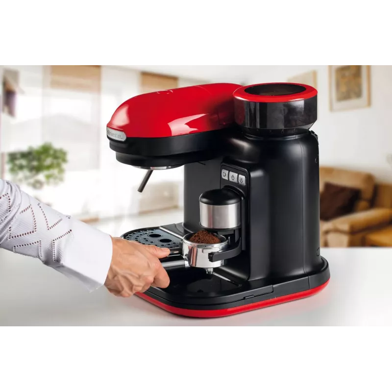 Ekspres do kawy Ariete 1318 Moderna ze zintegrowanym młynkiem, do ziaren i kawy mielonej, spieniacz mleka, dysza do cappuccino, 1 i 2 filiżanki, 1080 W, 800 ml, czerwony