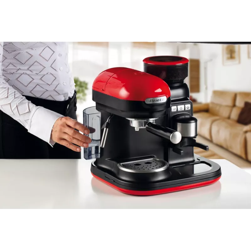 Ekspres do kawy Ariete 1318 Moderna ze zintegrowanym młynkiem, do ziaren i kawy mielonej, spieniacz mleka, dysza do cappuccino, 1 i 2 filiżanki, 1080 W, 800 ml, czerwony