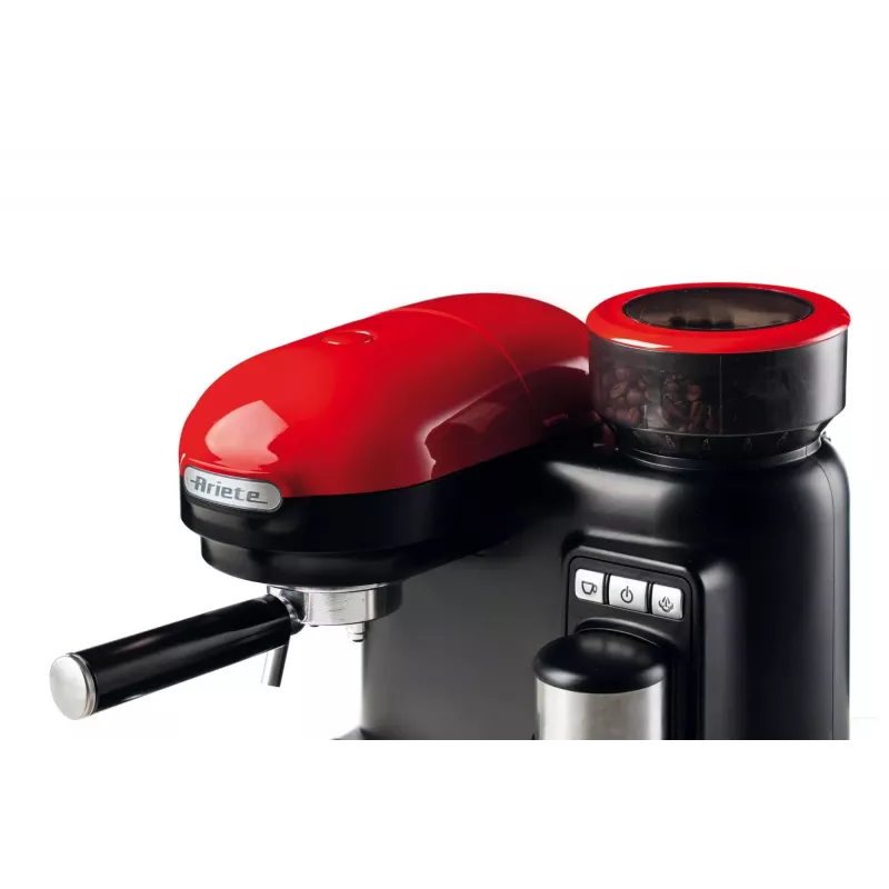 Ekspres do kawy Ariete 1318 Moderna ze zintegrowanym młynkiem, do ziaren i kawy mielonej, spieniacz mleka, dysza do cappuccino, 1 i 2 filiżanki, 1080 W, 800 ml, czerwony