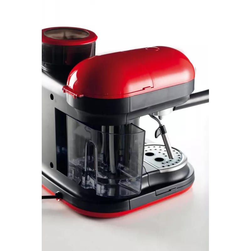 Ekspres do kawy Ariete 1318 Moderna ze zintegrowanym młynkiem, do ziaren i kawy mielonej, spieniacz mleka, dysza do cappuccino, 1 i 2 filiżanki, 1080 W, 800 ml, czerwony