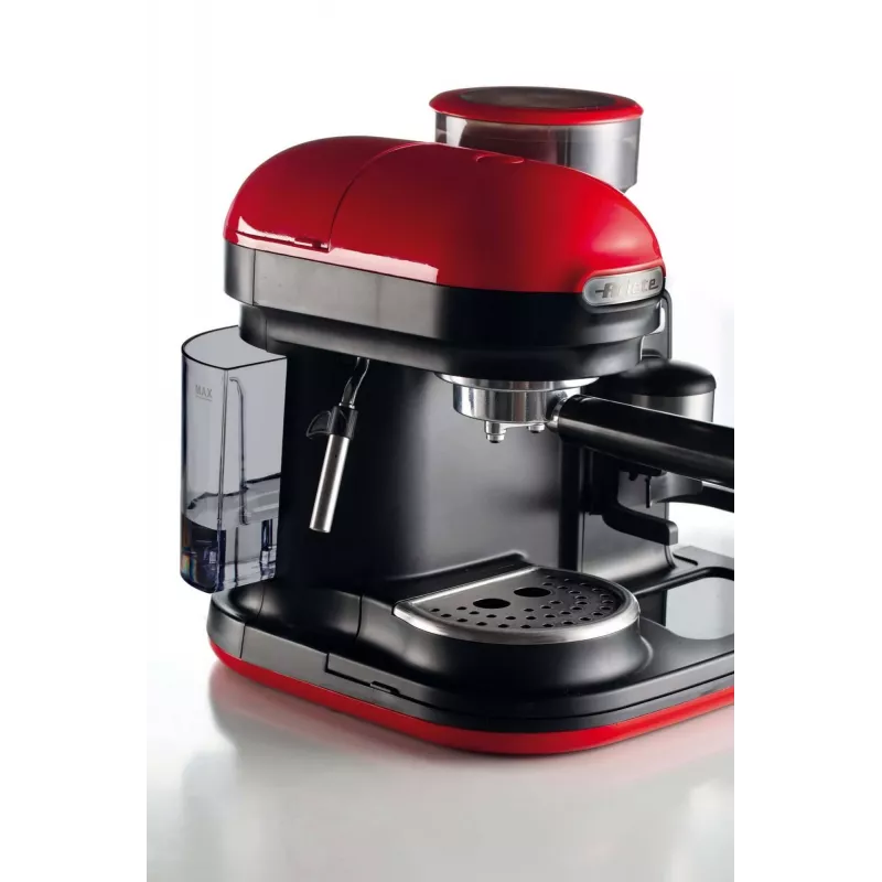 Ekspres do kawy Ariete 1318 Moderna ze zintegrowanym młynkiem, do ziaren i kawy mielonej, spieniacz mleka, dysza do cappuccino, 1 i 2 filiżanki, 1080 W, 800 ml, czerwony