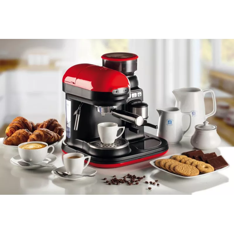 Ekspres do kawy Ariete 1318 Moderna ze zintegrowanym młynkiem, do ziaren i kawy mielonej, spieniacz mleka, dysza do cappuccino, 1 i 2 filiżanki, 1080 W, 800 ml, czerwony