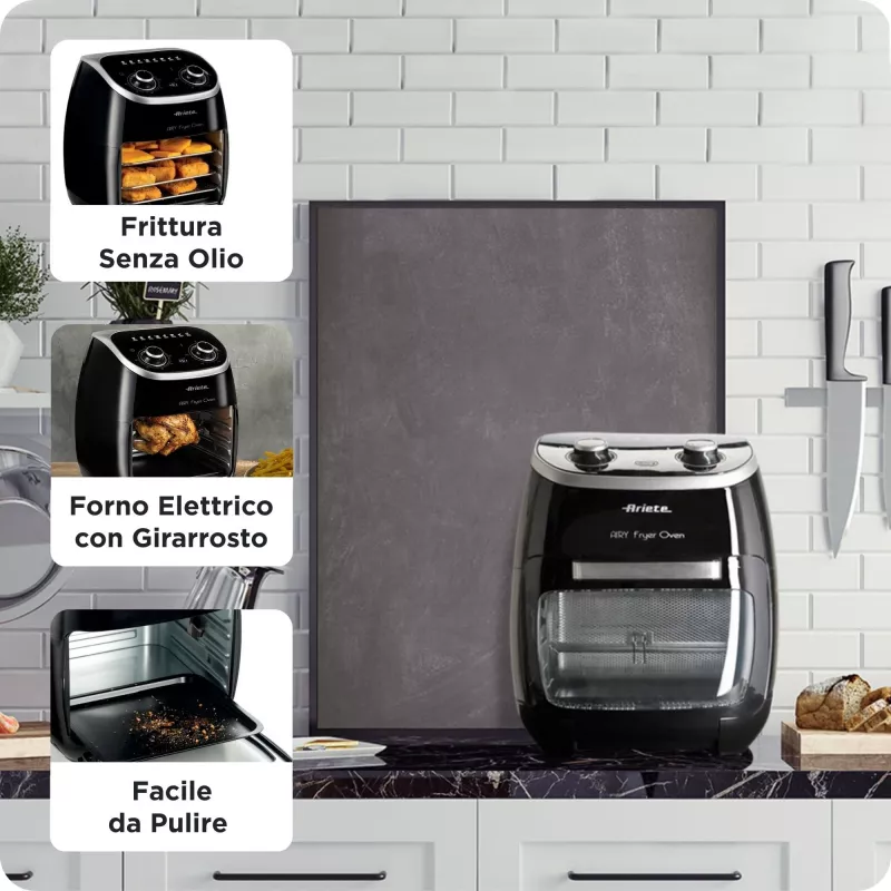 Ariete 4619 Airy Fryer Oven - Frytownica powietrzna i piekarnik elektryczny z rożnem - Obrotowy kosz - Suszarka do żywności - 2000 W - 11 litrów - Stal
