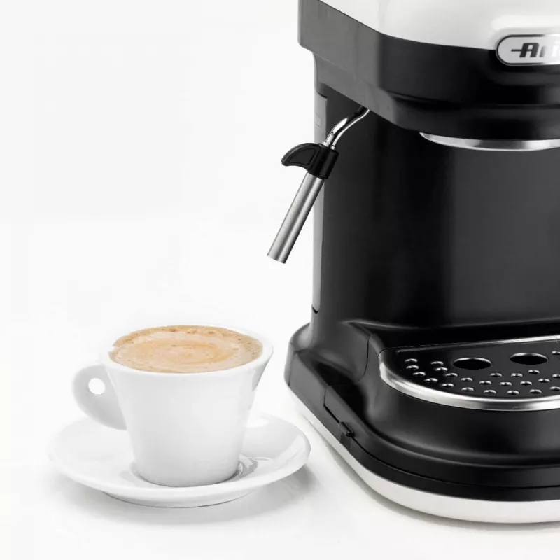 Ariete 1318 Moderna Ekspres do kawy z wbudowanym młynkiem, do ziaren i kawy mielonej, spieniacz do mleka do cappuccino, filtr na 1 i 2 filiżanki, 1080 W, 800 ml, biały