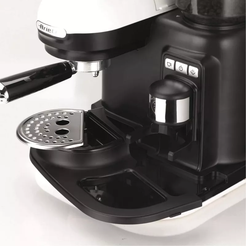 Ariete 1318 Moderna Ekspres do kawy z wbudowanym młynkiem, do ziaren i kawy mielonej, spieniacz do mleka do cappuccino, filtr na 1 i 2 filiżanki, 1080 W, 800 ml, biały