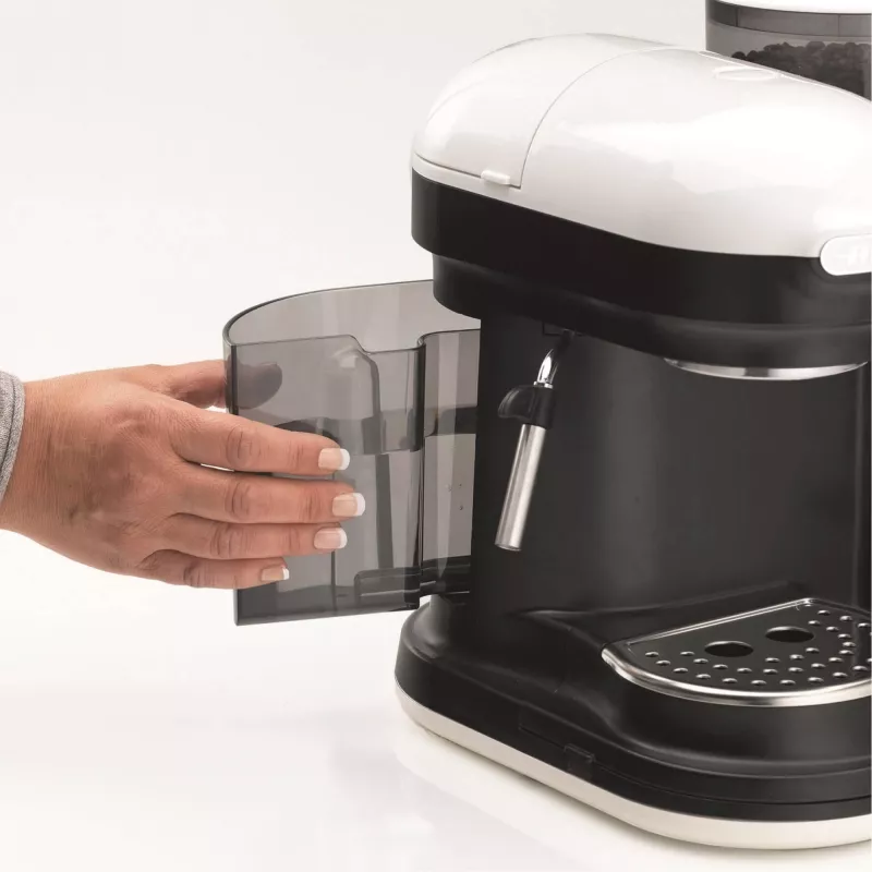 Ariete 1318 Moderna Ekspres do kawy z wbudowanym młynkiem, do ziaren i kawy mielonej, spieniacz do mleka do cappuccino, filtr na 1 i 2 filiżanki, 1080 W, 800 ml, biały