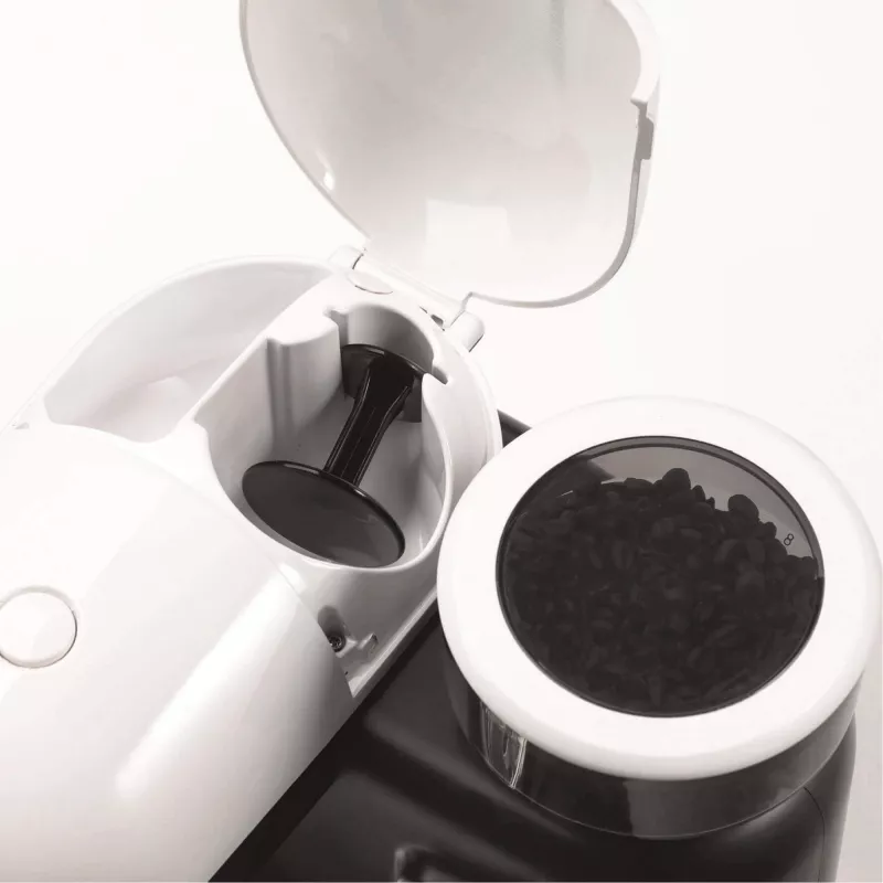 Ariete 1318 Moderna Ekspres do kawy z wbudowanym młynkiem, do ziaren i kawy mielonej, spieniacz do mleka do cappuccino, filtr na 1 i 2 filiżanki, 1080 W, 800 ml, biały
