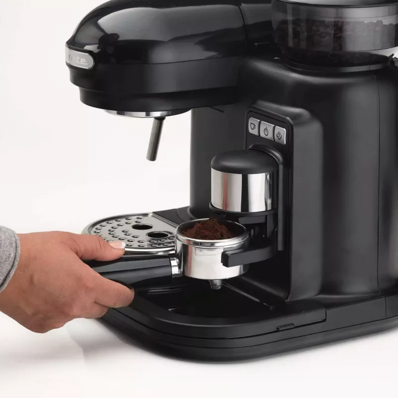 Ariete 1318 Moderna Espresso Machine z Integrated Coffee Grinder, For Coffee Beans and Ground Coffee, Milk Frothing Cappuccino Maker, 1 and 2 Cup Filter, 1080 W, 800 cc, Czarny
