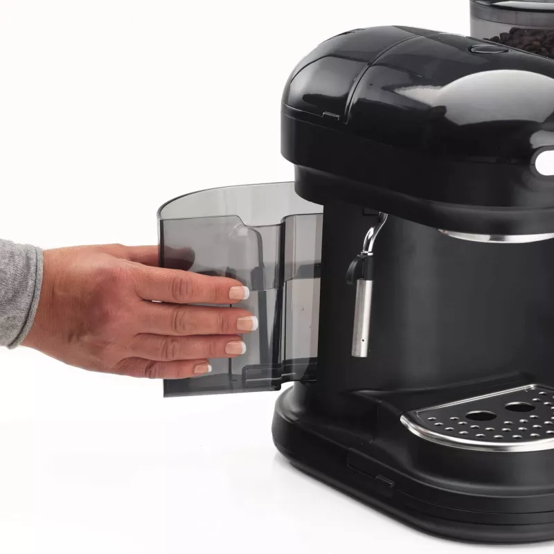 Ariete 1318 Moderna Espresso Machine z Integrated Coffee Grinder, For Coffee Beans and Ground Coffee, Milk Frothing Cappuccino Maker, 1 and 2 Cup Filter, 1080 W, 800 cc, Czarny