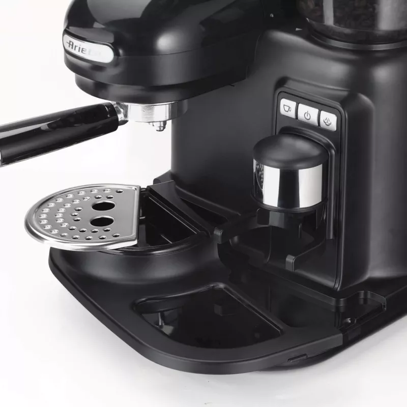 Ariete 1318 Moderna Espresso Machine z Integrated Coffee Grinder, For Coffee Beans and Ground Coffee, Milk Frothing Cappuccino Maker, 1 and 2 Cup Filter, 1080 W, 800 cc, Czarny