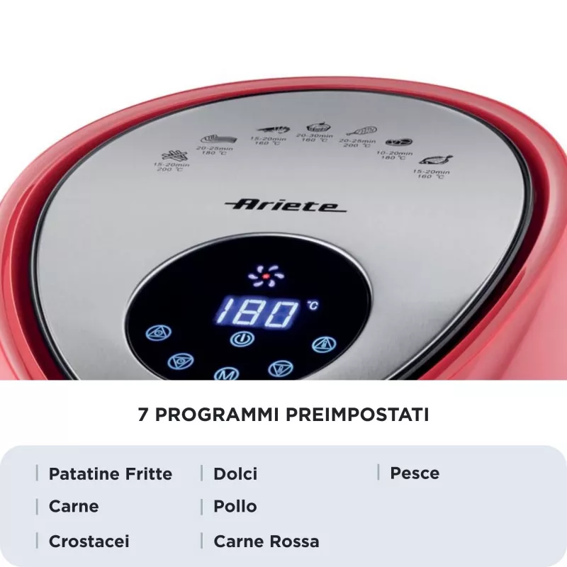Ariete 4618 Airy Fryer XXL - Frytkownica powietrzna - Smaży 2,5 kg frytek - 7 litrów - Gotowanie bez oleju i tłuszczu - 1800 W - Czerwony
