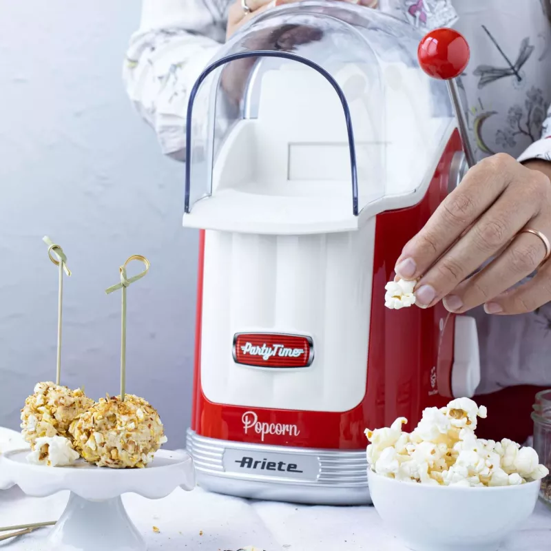 Ariete 2958 Maszyna do popcornu Party Time, maszyna do popcornu z dźwignią, 1100 W, pojemność 600 g, gotowanie gorącym powietrzem bez tłuszczu, czerwony