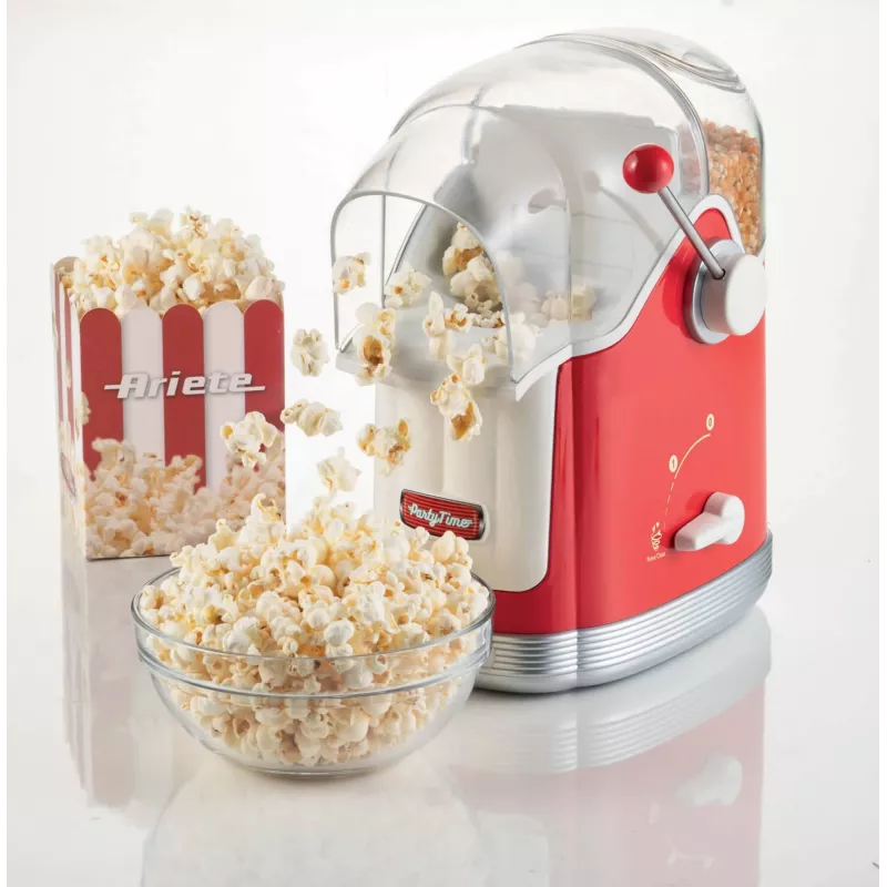 Ariete 2958 Maszyna do popcornu Party Time, maszyna do popcornu z dźwignią, 1100 W, pojemność 600 g, gotowanie gorącym powietrzem bez tłuszczu, czerwony