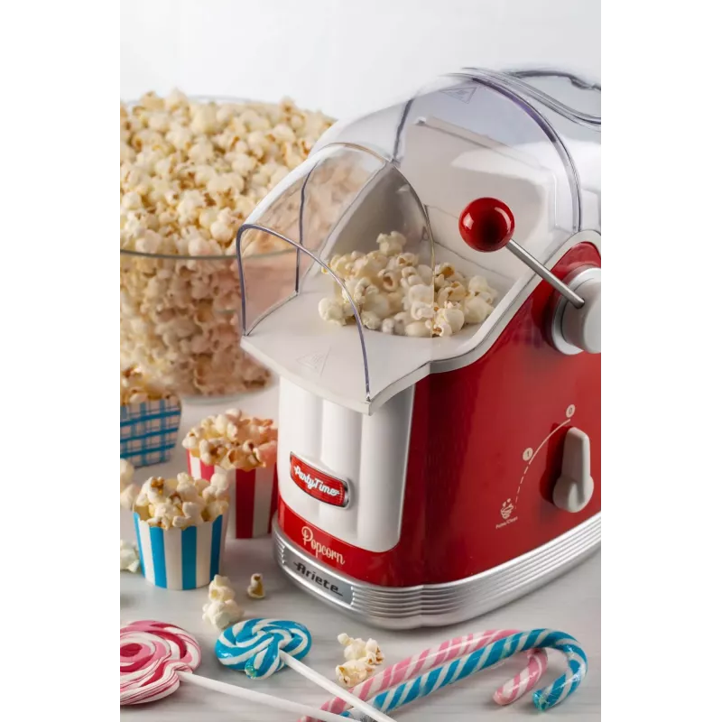 Ariete 2958 Maszyna do popcornu Party Time, maszyna do popcornu z dźwignią, 1100 W, pojemność 600 g, gotowanie gorącym powietrzem bez tłuszczu, czerwony