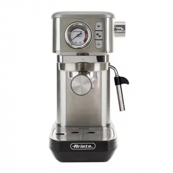Ariete 1381 Ekspres do kawy z manometrem, kompatybilny z kawą mieloną i saszetkami ESE, 1300 W, pojemność 1,1 l, ciśnienie 15 barów, filtr na ½ filiżanki, spieniacz do cappuccino, srebrny