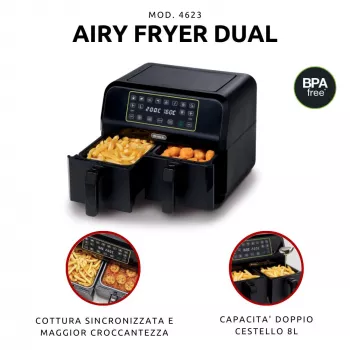 Ariete 4623 Airy Fryer Dual, Frytkownica beztłuszczowa z podwójnym koszem, 1700 W, pojemność 8 l, 3 funkcje gotowania, Cyfrowy panel dotykowy LED, 8 programów automatycznych, Zegar, 2 kosze, Czarny