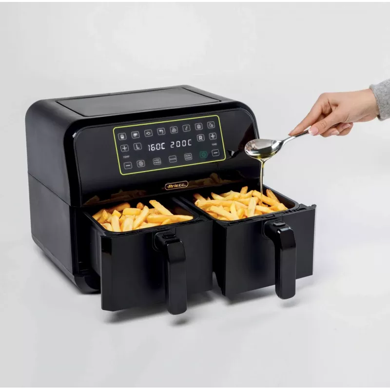 Ariete 4623 Airy Fryer Dual, Frytkownica beztłuszczowa z podwójnym koszem, 1700 W, pojemność 8 l, 3 funkcje gotowania, Cyfrowy panel dotykowy LED, 8 programów automatycznych, Zegar, 2 kosze, Czarny