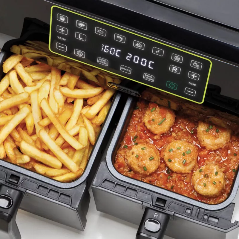 Ariete 4623 Airy Fryer Dual, Frytkownica beztłuszczowa z podwójnym koszem, 1700 W, pojemność 8 l, 3 funkcje gotowania, Cyfrowy panel dotykowy LED, 8 programów automatycznych, Zegar, 2 kosze, Czarny