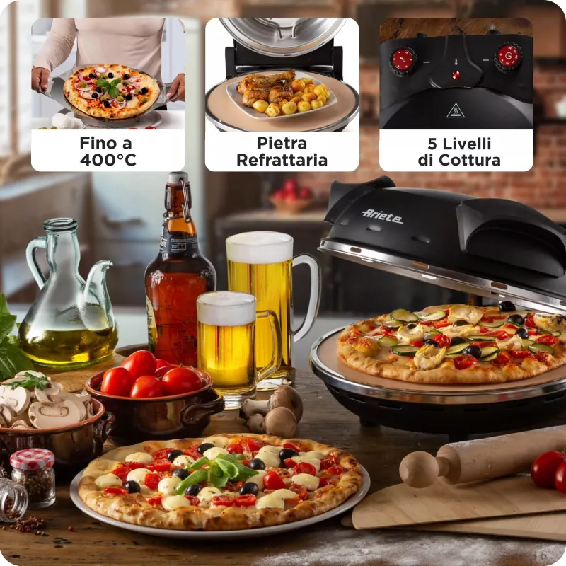Ariete 917 Piec do pizzy - Pizza w 4 minuty - Kamienna płyta szamotowa z powłoką nieprzywierającą - Maksymalna temperatura 400 ° - 1200 W - Wyłącznik czasowy 30' - Czarny