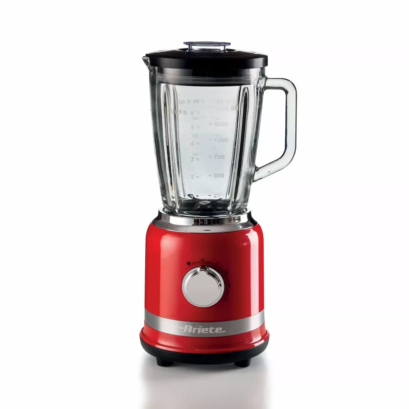 Ariete Moderna Czerwony Blender szklany dzbanek, Blender stołowy, 1,5 l, Funkcja pulsacyjna, Kruszenie lodu, 1000 W, Czerwony